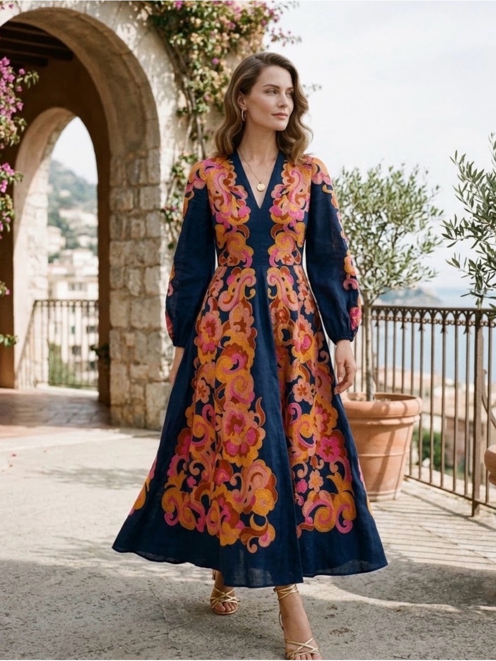 Zimmermann Navy Maxi Dress with Pink & Orange Floral Swirls size 12
